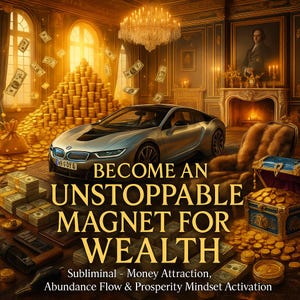 May include: A silver sports car is parked in a luxurious room with gold coins, stacks of money, and a chandelier. The text reads "BECOME AN UNSTOPPABLE MAGNET FOR WEALTH."