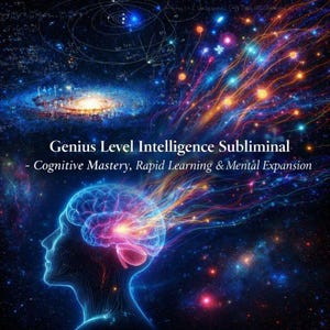 May include: Digital art depicting a human profile with a glowing brain, connected to colorful streams of energy against a cosmic background. Text reads "Genius Level Intelligence Subliminal - Cognitive Mastery, Rapid Learning & Mental Expansion."
