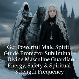 May include: Digital art featuring a person with long blonde hair wearing a black cape and a pendant. A cloaked figure on horseback is in the background, with text that reads "Get Powerful Male Spirit Guide Protector Subliminal".