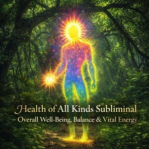 Puede incluir: Ilustración artística de una figura humana brillante en un entorno forestal. La figura es una vibrante mezcla de colores, con un aura amarilla brillante y una luz radiante en su mano. El texto dice: "Health of All Kinds Subliminal - Overall Well-Being, Balance & Vital Energy."