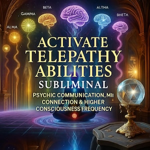 May include: An artistic digital illustration with the text "ACTIVATE TELEPATHY ABILITIES SUBLIMINAL". The image features a person meditating, with glowing energy centers and brain-shaped visualizations. A crystal ball sits on a decorative stand.