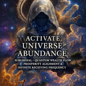 May include: Digital art featuring a figure in a hooded cloak against a cosmic background. The text reads "ACTIVATE UNIVERSE ABUNDANCE" with additional text about quantum wealth and prosperity. The image has a celestial theme with stars and nebulas.