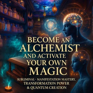 May include: Digital art with the text "BECOME AN ALCHEMIST AND ACTIVATE YOUR OWN MAGIC". The image features a mystical theme with a woman's silhouette, a glowing brain, and a book. The background includes shelves of bottles and a starry sky.