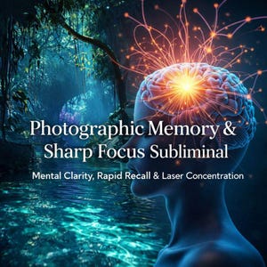 May include: Digital artwork featuring a human profile with a glowing brain, radiating energy. Text reads "Photographic Memory & Sharp Focus Subliminal" and "Mental Clarity, Rapid Recall & Laser Concentration". The background depicts a lush, blue-toned forest.