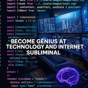 May include: A digital art piece featuring a workspace with multiple computer screens displaying code and cityscapes. The text "BECOME GENIUS AT TECHNOLOGY AND INTERNET SUBLIMINAL" is prominently displayed. A glowing purple brain graphic is also present.
