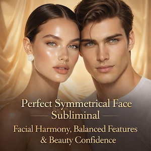 May include: A promotional image featuring a man and a woman with flawless skin and symmetrical features. The text overlay reads "Perfect Symmetrical Face Subliminal" and "Facial Harmony, Balanced Features & Beauty Confidence."