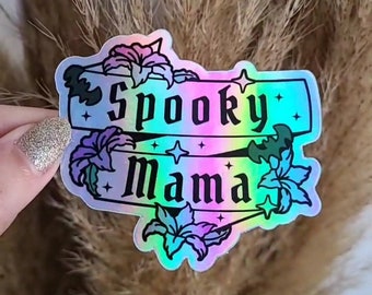 Pegatina de vinilo holográfica Spooky Mama, calcomanías, pegatina espeluznante, pegatina de bruja, pegatina gótica, pegatina de murciélagos, pegatina de Halloween, día de la madre
