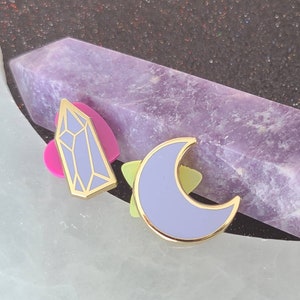 Mini Moon Enamel Pin & Mini Crystal Enamel Pin - Single or Set of 2