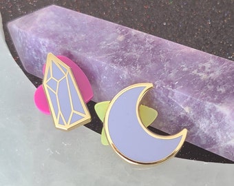 Mini Moon Enamel Pin & Mini Crystal Enamel Pin - Single or Set of 2