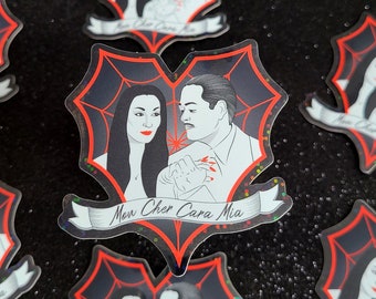 Morticia & Gomez Sticker- The Addams Family Sticker, Spooky Line Art Sticker, Spider Web Sticker