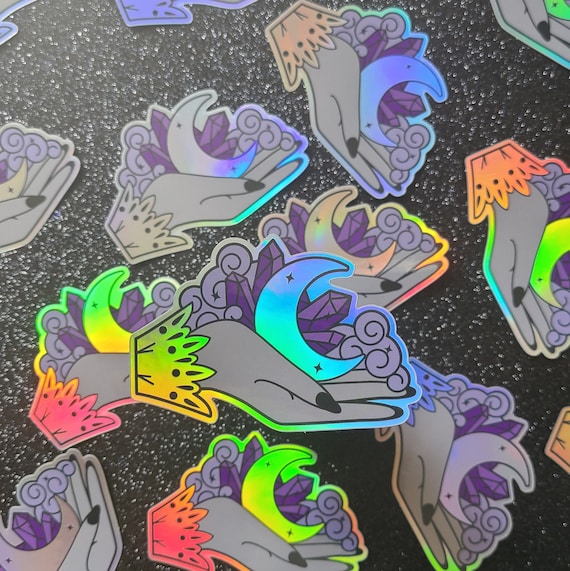 Witchy Moon, Crystals and Clouds Holographic Vinyl Sticker - Victorian Sticker, Witch Sticker, Celestial Sticker