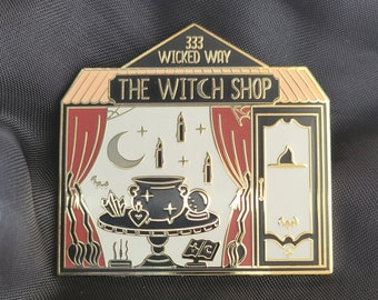 The Witch Shop Enamel Pin - Halloween Pin, Spooky Pin, Witchy Pin, Bat, Magic, Crystals, Moon, Wands, Cauldron, wicked, potion lapel pin