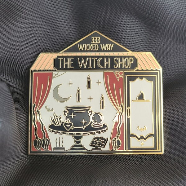 The Witch Shop Enamel Pin - Halloween Pin, Spooky Pin, Witchy Pin, Bat, Magic, Crystals, Moon, Wands, Cauldron, wicked, potion lapel pin