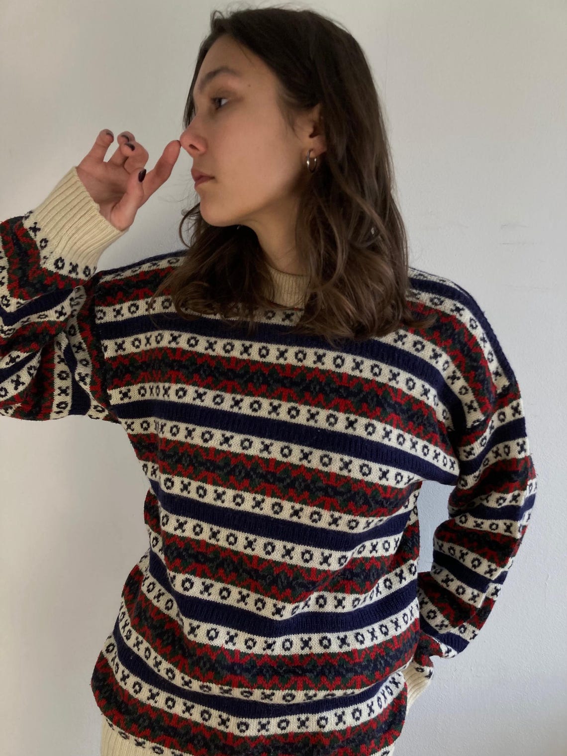Vintage Wool Sweater M Grey Brown Stripe Knit Pullover Unisex Longsleeve Retro Classic Winter Layering Style, foto 3 di 4