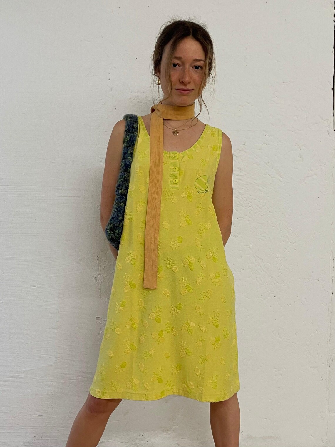 Vintage Kleid Vandy Pomelo Dress S Yellow Strappy Summer Dress Lemon Layering Womens Retro Minimal Y2K Style, foto 1 di 5