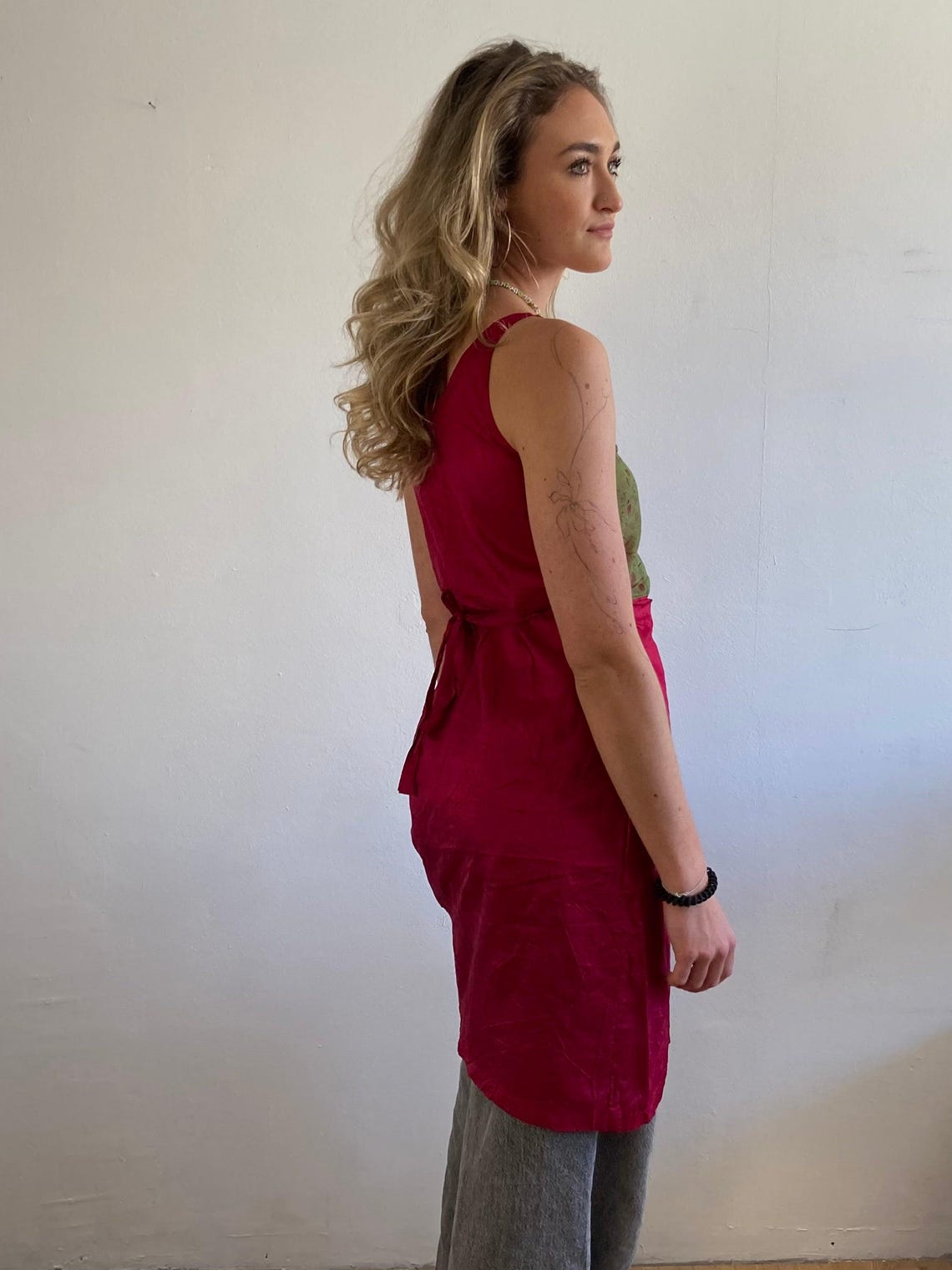 Vintage Silk Dress M Handmade India Red Cream Layering Dress Lightweight Boho Womens Retro Summer Fashion, foto 4 di 5