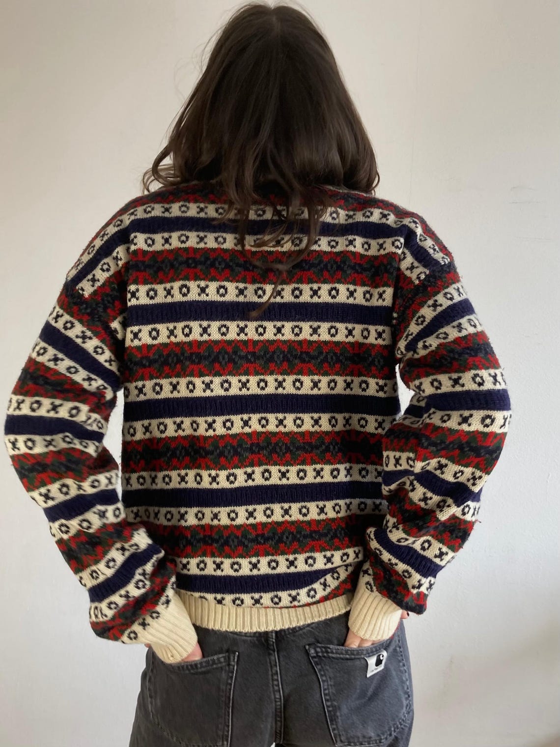 Vintage Wool Sweater M Grey Brown Stripe Knit Pullover Unisex Longsleeve Retro Classic Winter Layering Style, foto 2 di 4