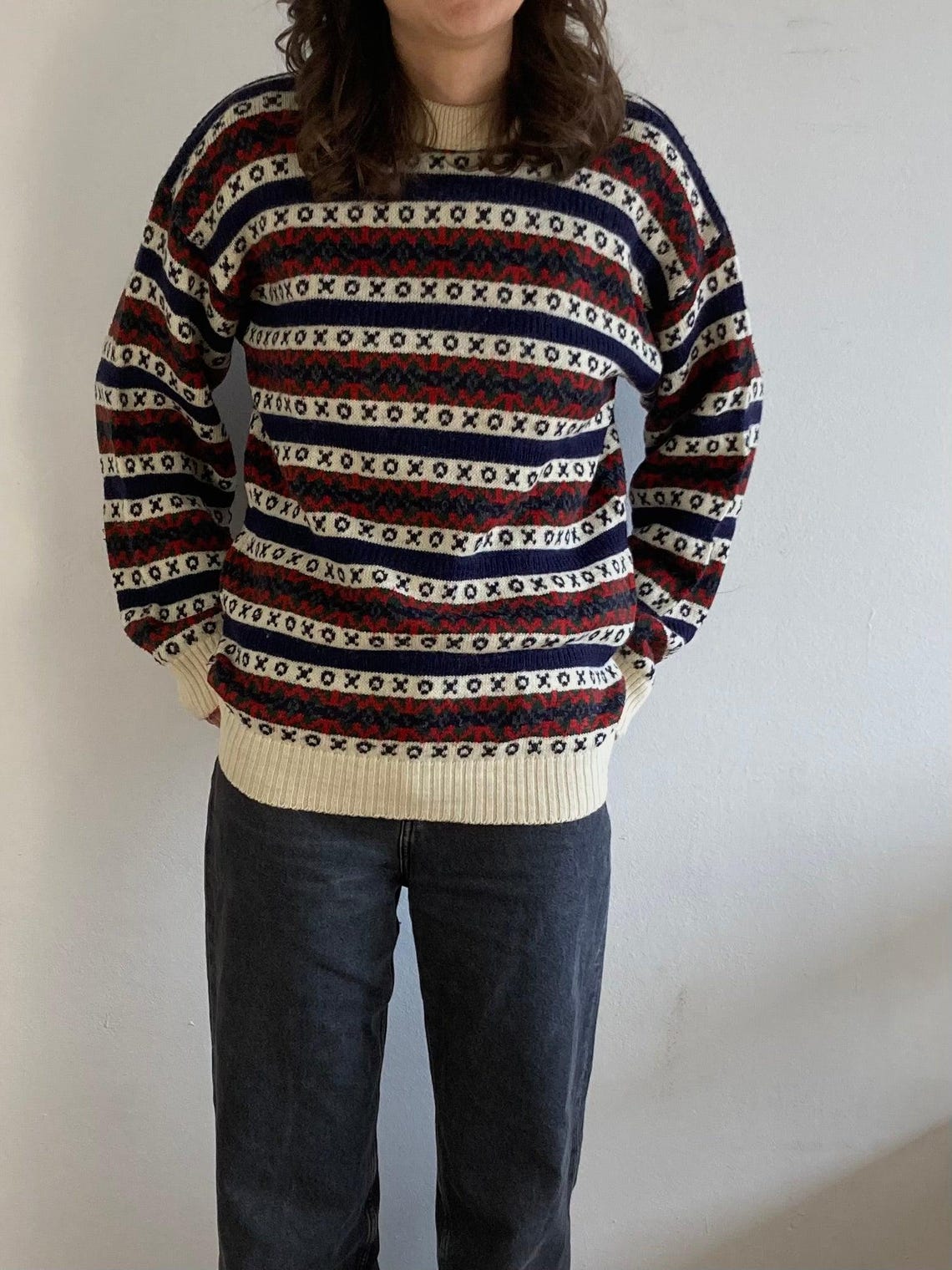 Vintage Wool Sweater M Grey Brown Stripe Knit Pullover Unisex Longsleeve Retro Classic Winter Layering Style, foto 1 di 4