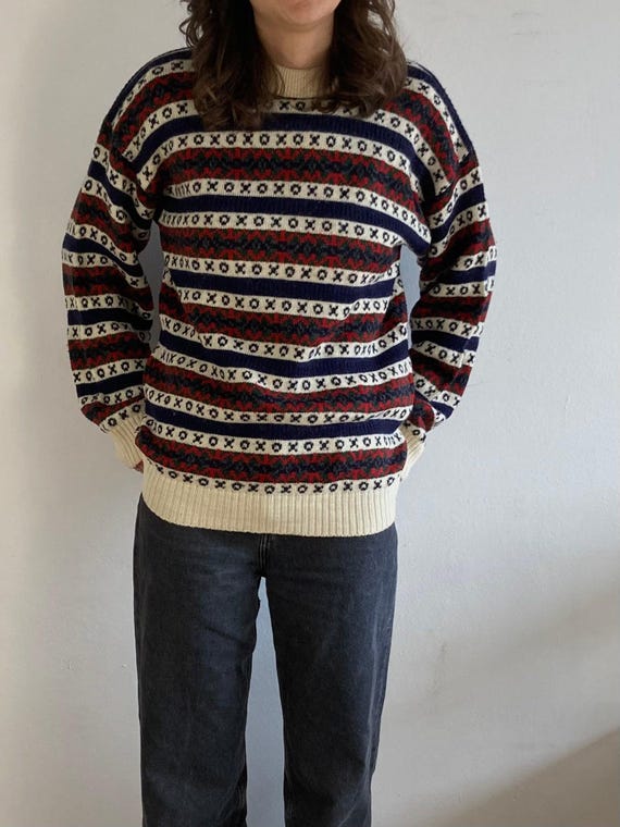 Vintage Wool Sweater M Grey Brown Stripe Knit Pullover Unisex Longsleeve Retro Classic Winter Layering Style
