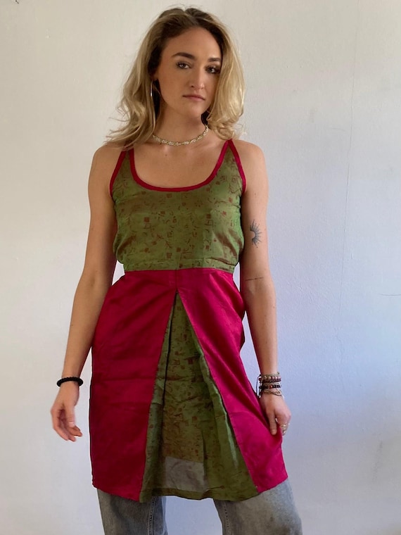 Vintage Silk Dress M Handmade India Red Cream Layering Dress Lightweight Boho Womens Retro Summer Fashion