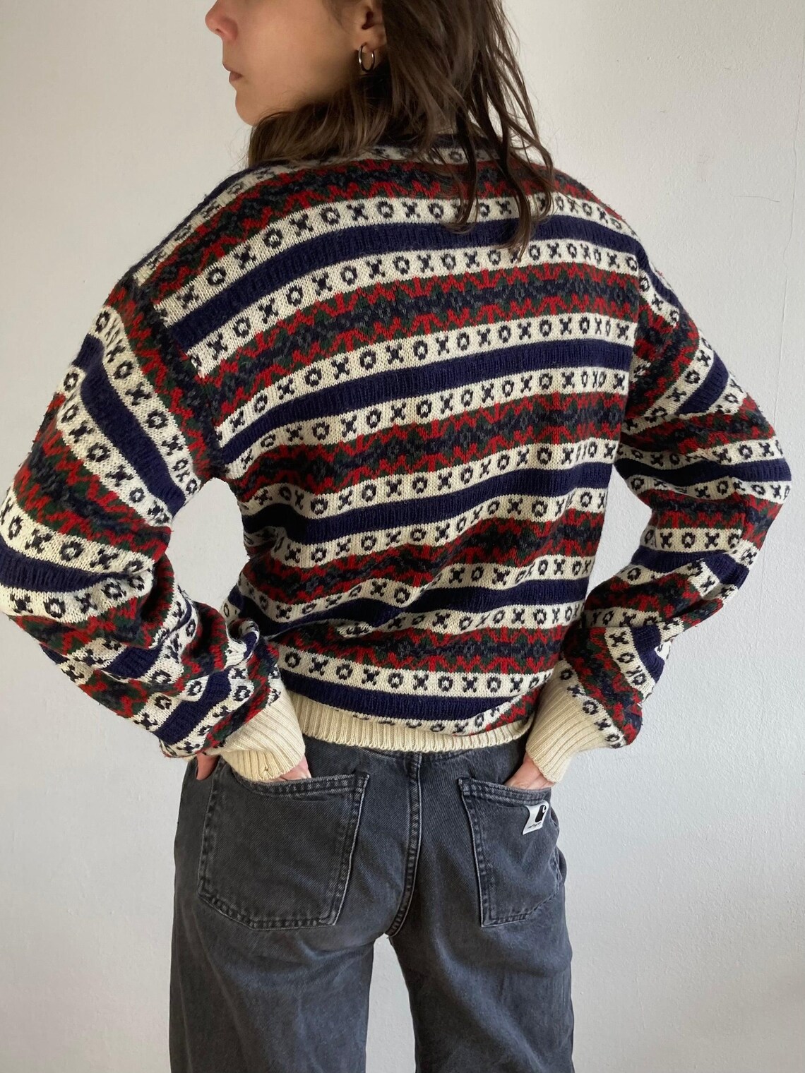 Vintage Wool Sweater M Grey Brown Stripe Knit Pullover Unisex Longsleeve Retro Classic Winter Layering Style, foto 4 di 4