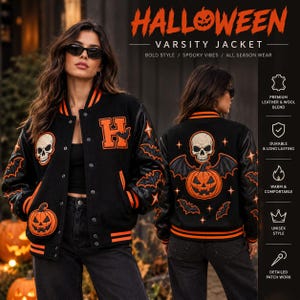 Halloween Letterman Jacket with Jack O' Lantern and Bat Patches, Unisex Style