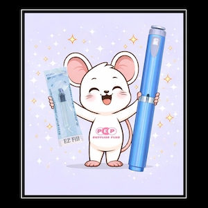 May include: A cartoon mouse character holding a blue pen and a package labeled "EZ Fill". The mouse has a pink belly and ears, and the text "PEP SUPPLIES PLUS" is on its belly. The background is light purple with gold stars.