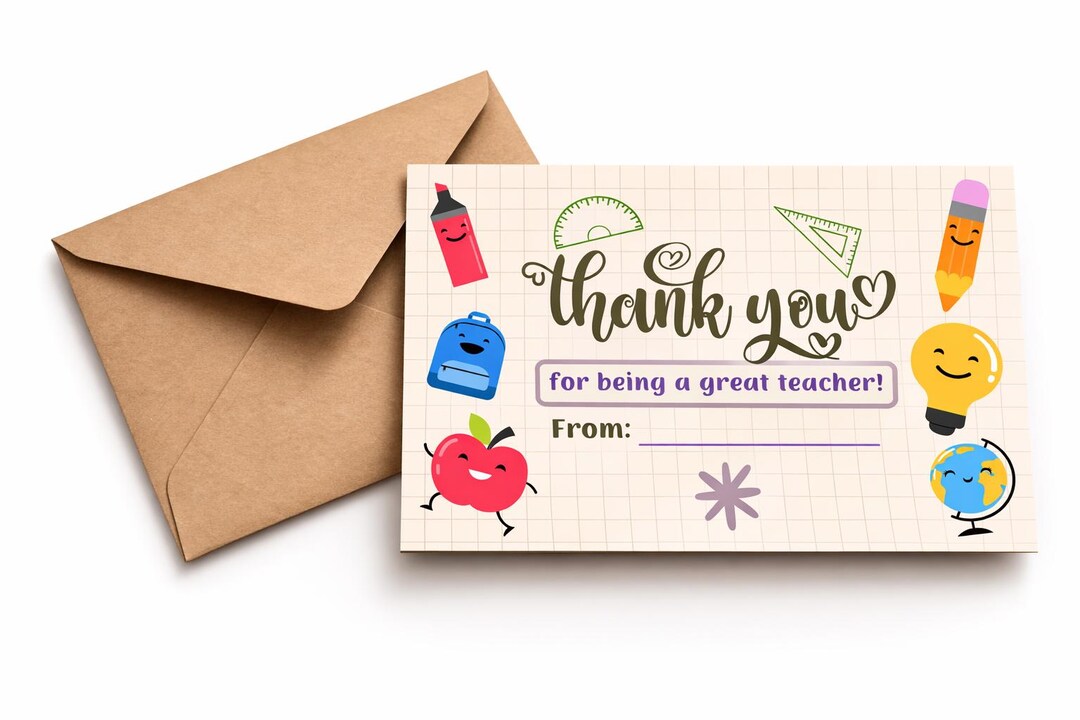 Teacher Thank You Card | School Theme Printable Gift (digital Download ...