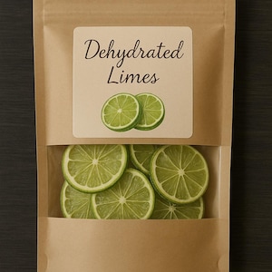 May include: A brown paper bag with a clear window, containing dried lime slices. The bag features a label with the text "Dehydrated Limes" and a picture of lime slices. The limes are green and circular.