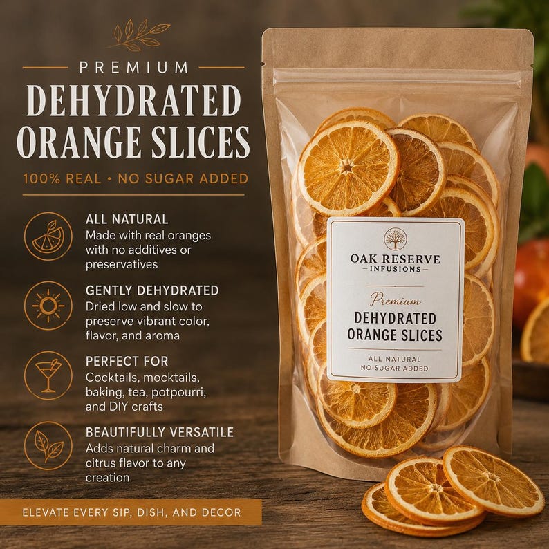 May include: A clear bag filled with dehydrated orange slices. The bag has a label that reads "Premium Dehydrated Orange Slices" and "All Natural No Sugar Added." The image also includes text that says "100% Real" and "Elevate every sip, dish, and decor."