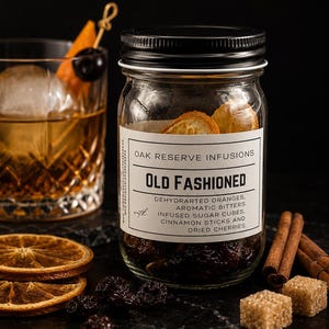 May include: A clear glass jar labeled "Old Fashioned" with ingredients for the cocktail. The jar contains dehydrated oranges, cinnamon sticks, and dried cherries. A cocktail glass with a large ice cube and garnish is in the background.