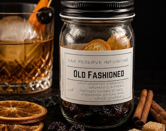 Old Fashioned Cocktail Infusion Jar | Bourbon Kit with Oranges, Cherry, Bitters, Cinnamon Sticks | 12oz