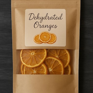 Może przedstawiać: Brązowa papierowa torba z przezroczystym okienkiem, w którym widać suszone plasterki pomarańczy. Torba ma etykietę z napisem "Dehydrated Oranges". Plasterki pomarańczy mają jasnopomarańczowy kolor.