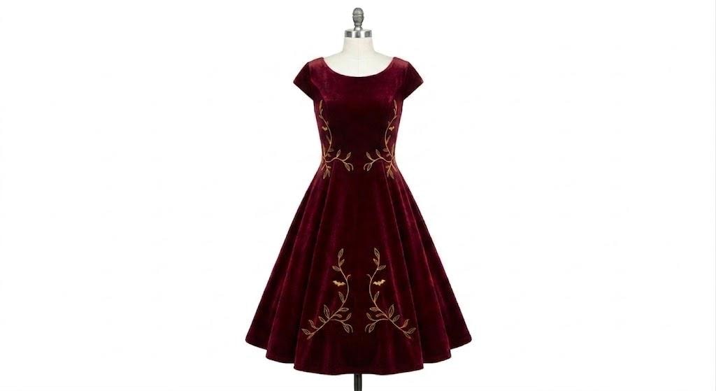 burgundy velvet swing dress Women Midi | Elegant Embroidered A-line Fairy Core Dress Size:34/32 If youre between sizes variation-navy-collar-ahana V Neck Navy Blue