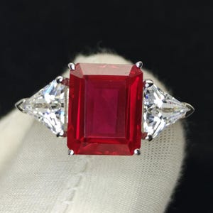 Lab Grown Ruby Emerald Cut Ring, 925 Sterling Silver, White Gold Rhodium Pleated, Triangle Cut Cubic Zirconia Accents, Ring For Her.