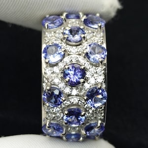 Luxury Natural Tanzanite Statement Ring, 925 Sterling Silver Rhodium Plated, Blue Violet Tanzanite & CZ Wide Band, Elegant Cocktail Ring.