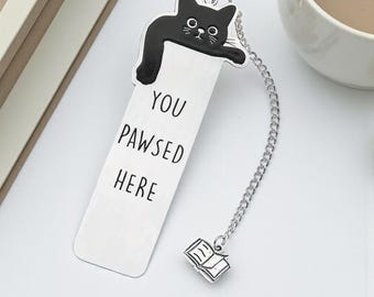 Metal Cat Bookmark with Chain Charm, “You Pawsed Here” Gift for Readers