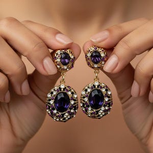 Purple Amethyst Glass Drop Earrings,18k Gold Plated 925 Silver,Ornate Regency Core Jewelry,5A Pave Diamond Statement,Vintage Victorian Gift
