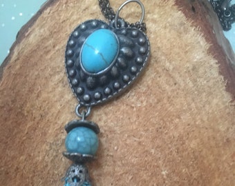 Tassel Necklace in antiqued silver with turquoise stone and painted tassel  Southwestern Cowgirl Boho