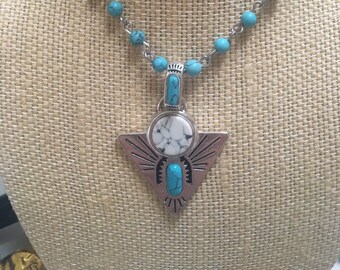 Fabulous Silver and Turquoise Pendant on Turquoise Beaded chain Southwestern