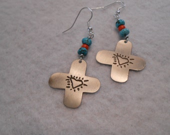 Cowgirl Style Cross Earrings with Turquoise and Coral Country Western Southwestern Farmgirl Gypsy Chic Rodeo