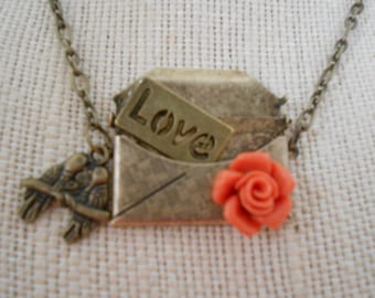 Letters of Love Envelope  Necklace Antique Brass Vintage Coral Rose                 l Lovebirds Romance Ready to Ship Ship international