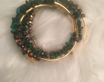 Malachite Gold and wood Memory wire Bracelet Made in USA  Ready to ship Secret Santa