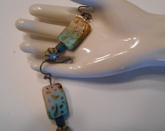 Beauiful Teal and White Grooved  Czech Glass Picasso Earrings Ready to Ship Teacher Gift