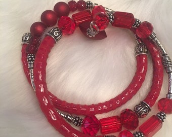 Red Leather and Bead Memory Wire Bracelet Cowgirl country Western Boho Gypsy Chic