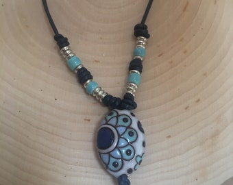 Navy Leather Necklace with handcrafted ceramic bead