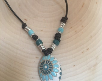 Leather necklace with hand crafted blue ceramic bead with blue and silver accents hippie boho gypsy chic ready to ship