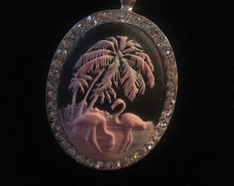 Gorgeous black and Pink Flamingo with Palm Trees in a silvertone setting Ready to Ship  Made in USA