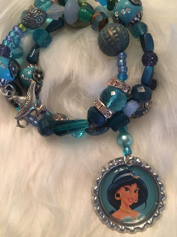 Disney inspired bracelet. Jasmine from Aladdin magic lamp blue green Disney Lover silver