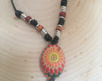 Orange Ceramic Bead Necklace on leather with beaded accents Hippie Boho Gypsy